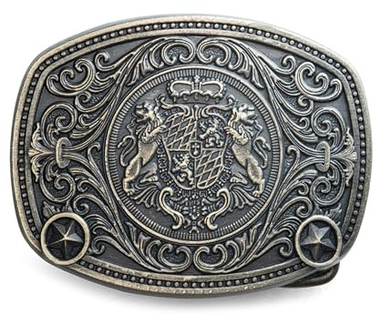 Schöneberger Traditionell couture bältesspänne hjort & vapensköld, utbytbart lås för 40 mm bälte – läderbyxor, kostymspänne Bayern för kostymbälte, Vapen/mässing antik, En Storlek