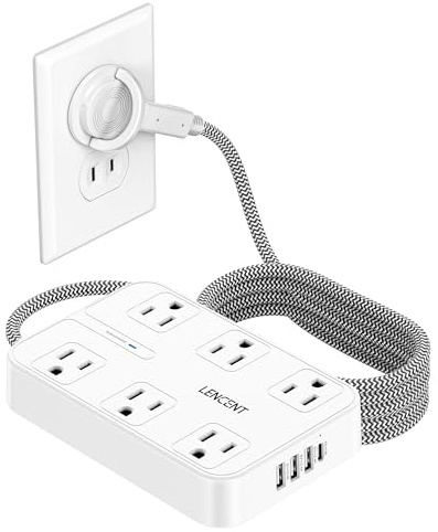 LENCENT 2 Prong Power Strip, 3 to 2 Prong Outlet Adapter, Surge Protector with 10ft Braided Extension Cord with Thin Flat Polarized Plug, 6 AC & 4 USB (1 Type-C), Wall Mount for Non-Grounded Outlet