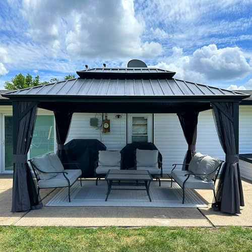 PURPLE LEAF Tonnelle de Jardin Extérieur 4,25 x 3 m Gris Pergola Aluminium | Montage rapide à deux, Rideaux et moustiquaire inclus, Double toit ventilé acier galvanisé, Résiste aux intempéries, Durable