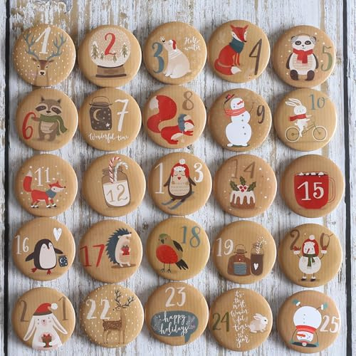 HERZONE Calendrier de l'Avent Boutons Numéros Épingles à Décorer pour Calendriers de l'Avent avec Numéros de 1 à 25 Idéal pour Sachets en Tissu, Sacs et Pochettes (animaux vintage)