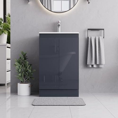 BELOFAY 500mm Floor Standing Bathroom Vanity Unit With Basin - Laquered Cloakroom Vanity Unit with 1 Tap Hole Ceramic Basin and Soft Close Hinges. (WASTE INCLUDED) (Denvor Grey)