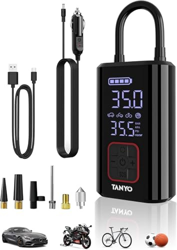 TANYO Tyre Inflator Air Compressor, Portable 150 PSI Car Tyre Pump Cordless, Eelectric Bike Pump with Pressure Gauge and Digital LED Light, 12V Air Pump for Car Tyres, Bicycles, Motorcycles