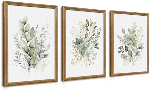 WRFON Framed Sage Green Botanical Wall Art Set of 3, Watercolor Eucalyptus & Wild Plant Canvas Prints, Minimalist Green Wall Decor for Living Room Bedroom Bathroom, 12x16 Inches