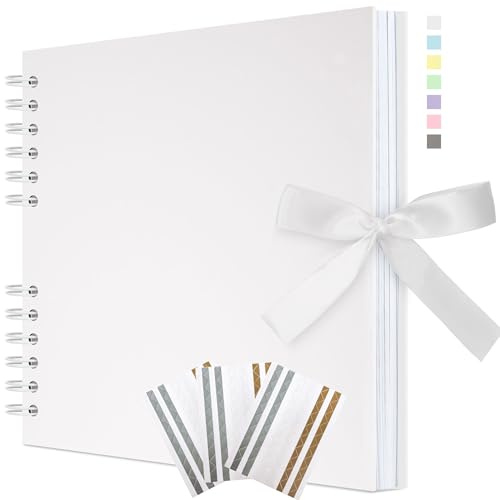 Remowith 29 x 21.5 cm Scrapbook Album with Ribbon, Craft Paper Photo Album for Wedding and Anniversary, Family DIY Photo Album with Corner Stickers 40 Pages White