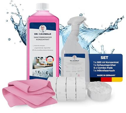 Dr. Rauwald Sanitärreiniger 8-tlg. Set, 500ml Konzentrat gegen Kalk | Ergibt 3L! Inkl. Mischflasche, 5 kratzfreien Schwämmen & Tuch. Löst Urinstein & Seifenreste auf Fliesen & Armaturen.