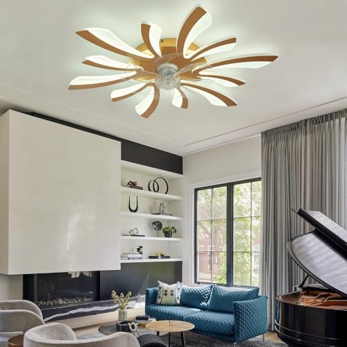 Luyaim 78CM Lustre Ventilateur De Plafond LED Avec Telecommande Chambre Ventilateur Silencieux Plafond Moteur DC Réversible Plafonnier Ventilateur Design LED Dimmable 6 Vitesses Avec Minuterie-Gold