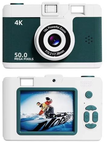 Puleuroy Appareil Photo Numérique 4K Rétro Double Objectif Multifonction CCD Caméra Thermique Instantanée pour Les Étudiants en Voyage Photographie Compacte Vert