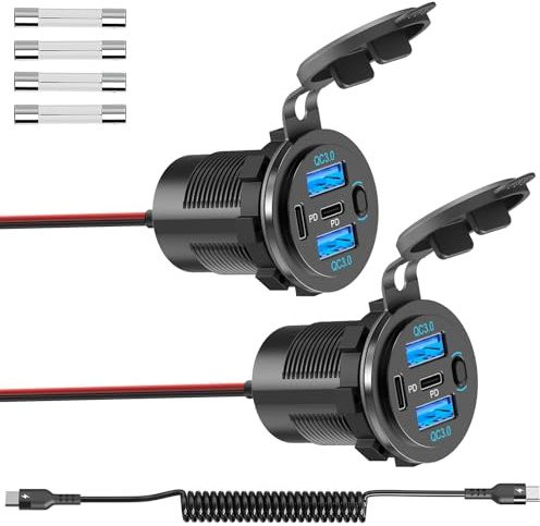<4-USB 90W>USB C PD 3.0 Steckdose 12V Einbau: Dual 30W Typ C Dose Buchse Wasserdicht 12 Volt KFZ Zigarettenanzünder Stecker Adapter mit Schalter für Wohnmobil Auto Motorrad Boot LKW Wohnwagen