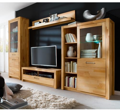 Lomadox Wohnwand TV-Wand, Kernbuche massiv geölt keilgezinkt, 4-teilig, Echtholz/Massivholz, 1 Highboard, 1 Lowboard, 1 Vitrine, 1 Wandregal, inkl. LED-Beleuchtung
