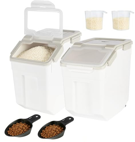 Uotyle 25L 2Pcs Airtight Flour Storage Containers with Scoops & Hooks(Grey) | BPA-free PP rice storage containers, includes measuring cups, wheels, for pet food, cereal, nuts, pantry, kitchen