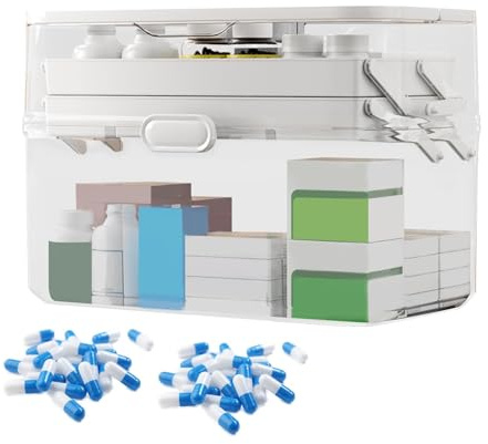 Uhngw Caja organizadora grande de medicamentos, organizador de medicina familiar transparente con doble, estuche portátil de gran capacidad, para hogar, coche, viajes, para aperitivos, artículos