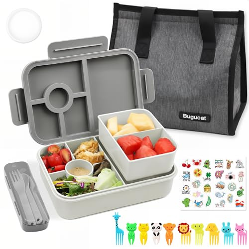 Bugucat Bento Lunch Box 1300ML with Bag - Leak-Proof with 5 Compartments, Cutlery for Kids and Adults - Snack Box for School, Kindergarten, Office,Grey