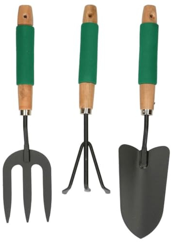 Kinzo Gartenwerkzeug Set 3-teilig - Handrechen, Blumenkelle und Gabel - Weicher Griff und Antihaft-Beschichtung - Werkzeuge für Balkon und Beet - 27cm