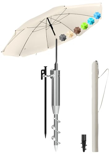 Menz Sonnenschirm Strand Ø 180 cm mit Eindrehbodenhülse, UV50+, Fb. Beige | Strandschirm windfest stabil mit Sonnenschutz, Eindrehbodenhülse Sonnenschirm & Schutzhülle – höhenverstellbar & neigbar