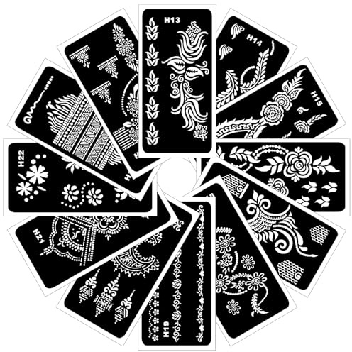 Tätowierschablonen für Kinder und Erwachsene – 12 Blatt Henna-Set für Hände, Arme, Mehndi, echte Tätowierungen und Airbrush, temporäre Tattooschablonen