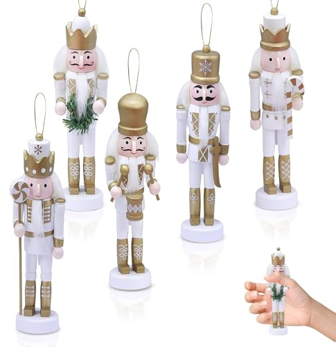 Gold Wooden Nutcrackers Soldier for Christmas,5Pcs 12.5cm Wooden Figure Ornament,Christmas Tree Tabletop Decoration,Small Nutcracker Soldier Puppet Doll Pendant Hanging for Tree,Xmas Gift Indoor Decor