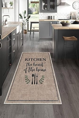 miqna Küchenläufer Teppich, rutschfeste Küchenmatte im Landhausstil, Waschbar, Dekorativer Teppich für Küche und Flur mit 'Heart of the Home' Design (fr218, 60 x 200 cm)