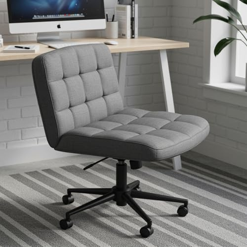 Clevich Criss Cross Chair, Bürostuhl Ohne Armlehne für Schneidersitz Ergonomischer Höhenverstellbar, Breiter Schneidersitz Stuhl fur Schminken, Home Office, Arbeitszimmer, Schlafzimmer (Leinen, Grau)