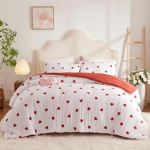 Tospass Herzen Bettwäsche 135x200 Baumwolle Rot weiß Herz Bettwäsche Set Mädchen Herzchen Kinderbettwäsche ÖKO-TEX Deckenbezug 1 Bettbezug mit Reißverschluss und 1 Kissenbezug 80x80cm