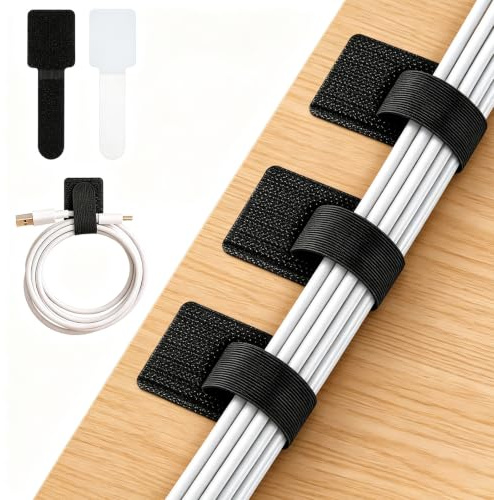 50 PCS Self Adhesive Cable Clips, Cable Management Tidy Straps,Reusable Adjustable Wire Organiser Straps for PC, TV, Laptop, Home Office, No-Drill Installation