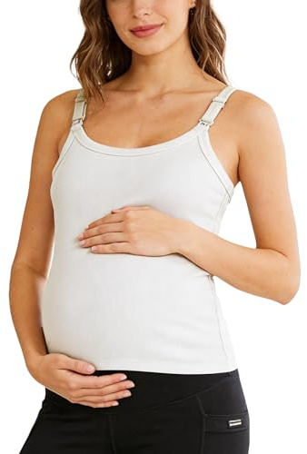 FEOYA Maternity Clip Down Nursing Tank Top Pregnancy Cami with Adjustable Straps and Built-in Shelf Bra Women's Casual Comfort Vest Shirt for Breastfeeding M White