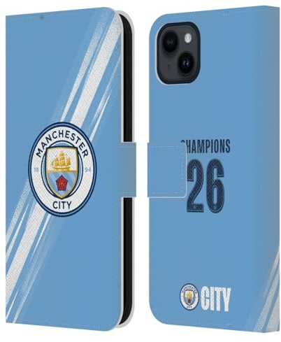 Head Case Designs Licenza Ufficiale Manchester City Man City FC Kit Home 2026 Coppa Campioni Custodia Portafoglio in Pelle Compatibile con Apple iPhone 15 Plus