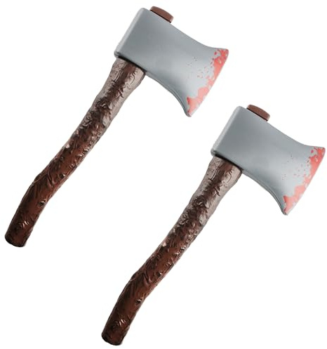 Blodig yxa med brunt handtag tjusigt klänningstillbehör – 41 cm lång yxrekvisita i plast med trähandtag – perfekt falsk yxa för halloween – 2-pack