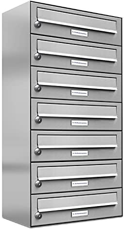 AL Briefkastensysteme 7er Briefkastenanlage Edelstahl, Premium Briefkasten DIN A4, 7 Fach Postkasten modern Aufputz