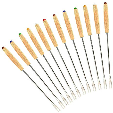 GuDoQi Tenedores para Fondue de Acero Inoxidable, Juego de 12, Palos para Asar Malvavisco, Mango de Madera Resistente Al Calor, Tenedores para Queso, Frutas, Chocolate, Asados (24 cm)