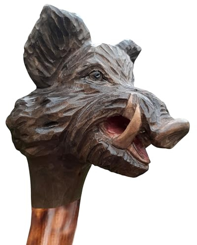 Jagd-Schnitzerei Peter® Wanderstock Holz mit Keilerkopf 98-180 cm | Handgeschnitzt, Farbe siehe Abbildung, Gravur bis zu 15 Zeichen im Preis enthalten