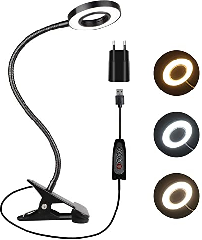 Akynite 7W Clip Desk Light with USB Adapter, 48 LED Bedside Reading Lamp Dimmable, 3 Colors Changing & 10 Brightness, Gooseneck Clip Bed Light for Bedroom, PC Lamp for Desk, Black