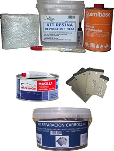 Kit de Resina de Poliéster Quimibase + Fibra De Vidrio (Mas macrepair masilla universal 2kg + Cubo + Juego espatula carrocero inoxidable)