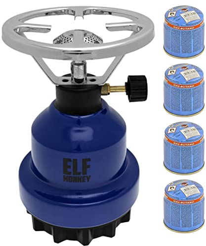 Hornillo de camping E190 | Set de cocina de gas de metal y cartucho de gas de Stechgas | estufa de gas | camping, accesorios de emergencia: modelo: azul + 4 cartuchos de gas