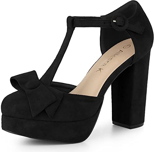 Allegra K Women Halloween Party Chunky Platform Pumps Heels Dress Shoes | T-Strap Mary Janes with Bow. Round Toe Block Heel. ABS Heel. Office Casual Cosplay Dating Christmas Days