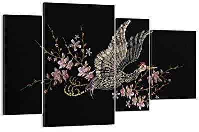 Mehrteilige Bilder auf Leinwand Asiatisch Vogel Blumen Leinwandbild 120x70cm Wandbilder Dekoration Wohnzimmer Schlafzimmer Set 4 teilige Groß Wanddeko Bild Wand Kunstdruck Art Canvas DL120x70-4614