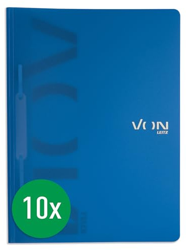 VON Leitz 10er Pack Schnellhefter A4, PP Kunststoff, Für 100 Blatt, Leichter Softcover-Ordner mit modernem VON-Aufdruck, Für Schule & Zuhause, Blau, 46790035