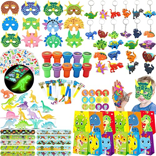 HIQE-FL 118 PCS Dinosaurier Party Mitgebsel,Dino Maske Klaps Armbänder Schlüsselanhänger Geschenktüten Tattoo Aufkleber,Dinosaurier Party Favours,Dino Party
