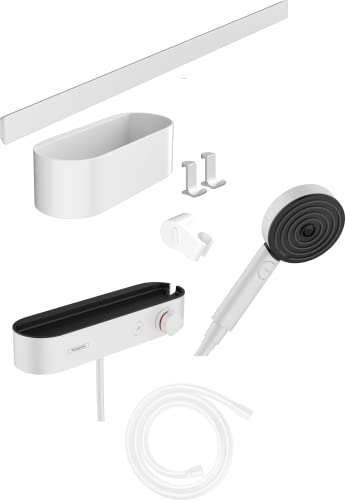 hansgrohe WallStoris - Badezimmer Set, Zubehör Set für das Bad, 7-teilig, mit Duschkopf wassersparend, Duschthermostat und Bad-Accessoires, Badezimmer Zubehör, Mattweiß, 24250700