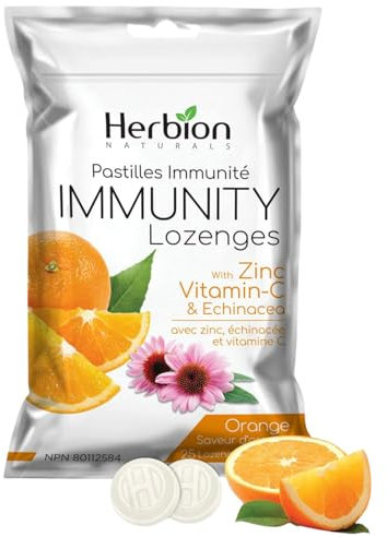 Herbion Naturals Immunity Lozenges con zinco, vitamina C ed echinacea, fonte di antiossidanti per adulti e bambini dai 6 anni in su, 25 CT, gusto arancia.