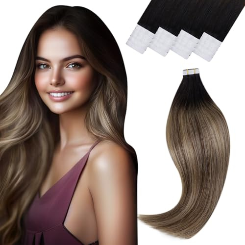 Vivien Echthaar Extensions Tape Schwarz Balayage Braun und Honigblond Echthaar Extensions Tape Ombre Schwarz Invisible Seidig 35 cm 20Pcs 50g #1B/4/27