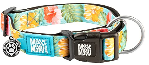 Max & Molly Hundehalsband mit Sicherheits-QR-Code, Hundemarke, weich, verstellbar und wasserdicht, niedliches tropisches Sommer-Design, für Mädchen und Jungen, Größe M, Blaugrün