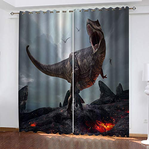 Kinder Gardinen Kinderzimmer Junge Mädchen Blickdicht Roter Magma-Dinosaurier 140X160Cm 2Er Set Verdunkelungsvorhang Thermovorhang Hitzeschutz Vorhänge Wohnzimmer Schlafzimmer Vorhänge Mit Ösen