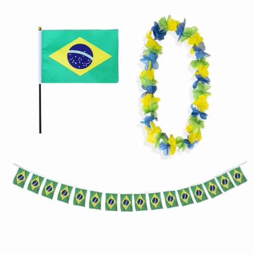 Sonia Originelli Brasilien Fan-Set 9 mit Tischfahne, Girlande und Hawaiikette - Fanartikel in der brasilianischen Nationalflagge für WM, EM und Events
