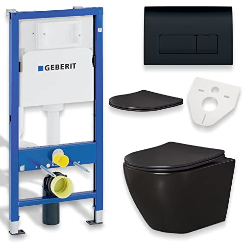 KOLMAN WC Set: Geberit Duofix Basic UP 100 Vorwandelement + Wand-WC Delos Schwarz + Drückerplatte Delta50 Schwarz + Slim Duroplast WC-Sitz mit Soft-close + Schallschutzmatte