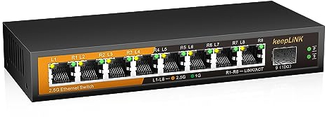 keepLiNK Switch 2.5 Gigabit, Switch Ethernet 8 Porte 2.5 Gbps con 1 Porta 10G SFP, Metallo Senza Ventola, Desktop e Montaggio a Parete, Compatibile con PC, Nas, AP Wireless