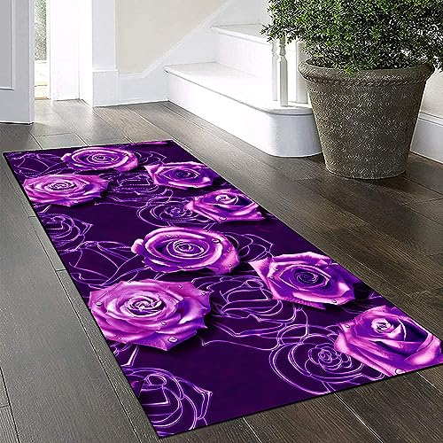 Yinghesheng Teppich Läufer Flur Küche Waschbar rutschfest 140x150cm,3D Rosen Muster Lila und Dunkellila Lang Küchenteppich Flurteppich Teppich Fur Korridor Wohnzimmer Schlafzimmer Meterware Anpassbar