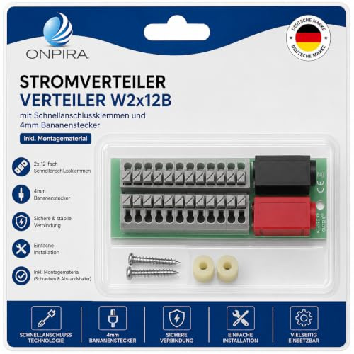 ONPIRA® Stromverteiler W2x12B – 24+2 Pol Verteilerblock mit Schnellanschlussklemmen & 4 mm Bananensteckern – 0–30V bis 8A – Inkl. Montagematerial