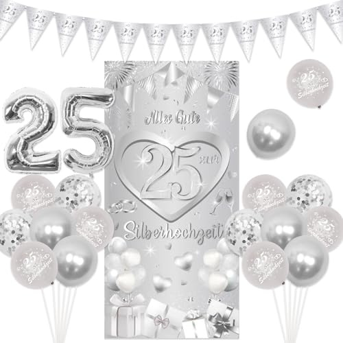 Silberhochzeit Deko, 25 Hochzeitstag Dekoration, 25. Hochzeitstag Hintergrund Banner und 25 Jahre Silberhochzeit Luftballons, Wimpelkette Hochzeit Silber Ballon Zahl 25 für Silberne Hochzeit Deko