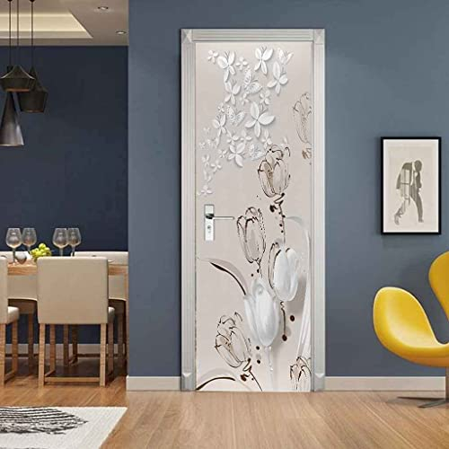 3D Türtapete Selbstklebendtulpe Weißer Blumenschmetterling 95 X 210 Cm Diy Wandbild Pvc Wasserdicht Pvc Türtattoos Türposter Türaufkleber Fototapete Türfolie Für Tür,Wohnzimmer,Schlafzimmer,Küche Toi
