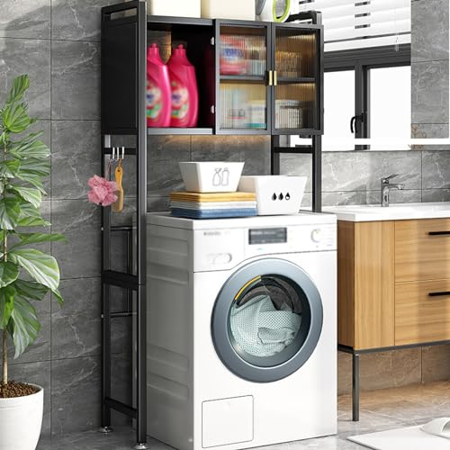 GAMAK Waschmaschine Regal mit Schrank, Badregal Stehend Metall, Waschmaschinenschrank WC Überbauschrank, Waschmaschine Überbau Badezimmer Regal Toilettenschrank (Color : Black)